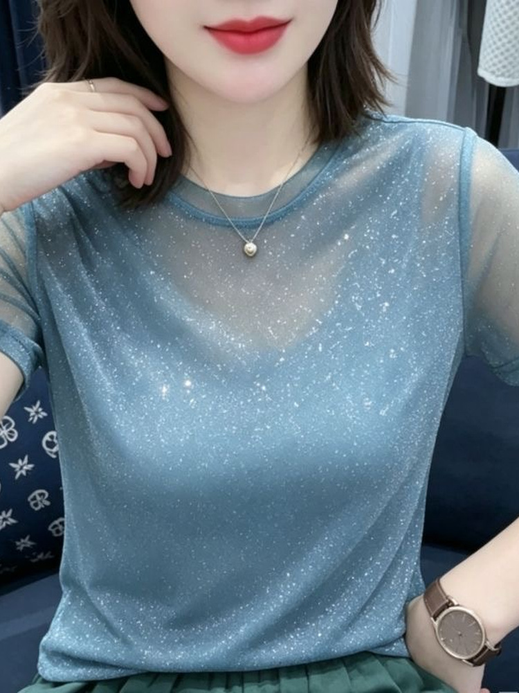 Women Fashion Over The Years - 반짝이는 레이스 탄성 네트 민소매 라운드