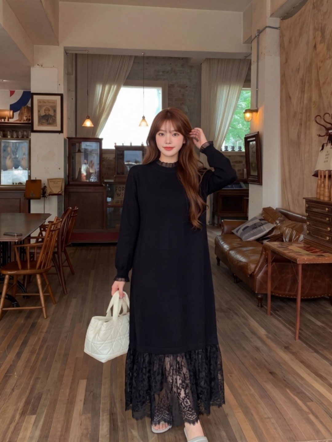 Women Fashion Over The Years - 플러스 사이즈 레이스 헴 니트 드레스