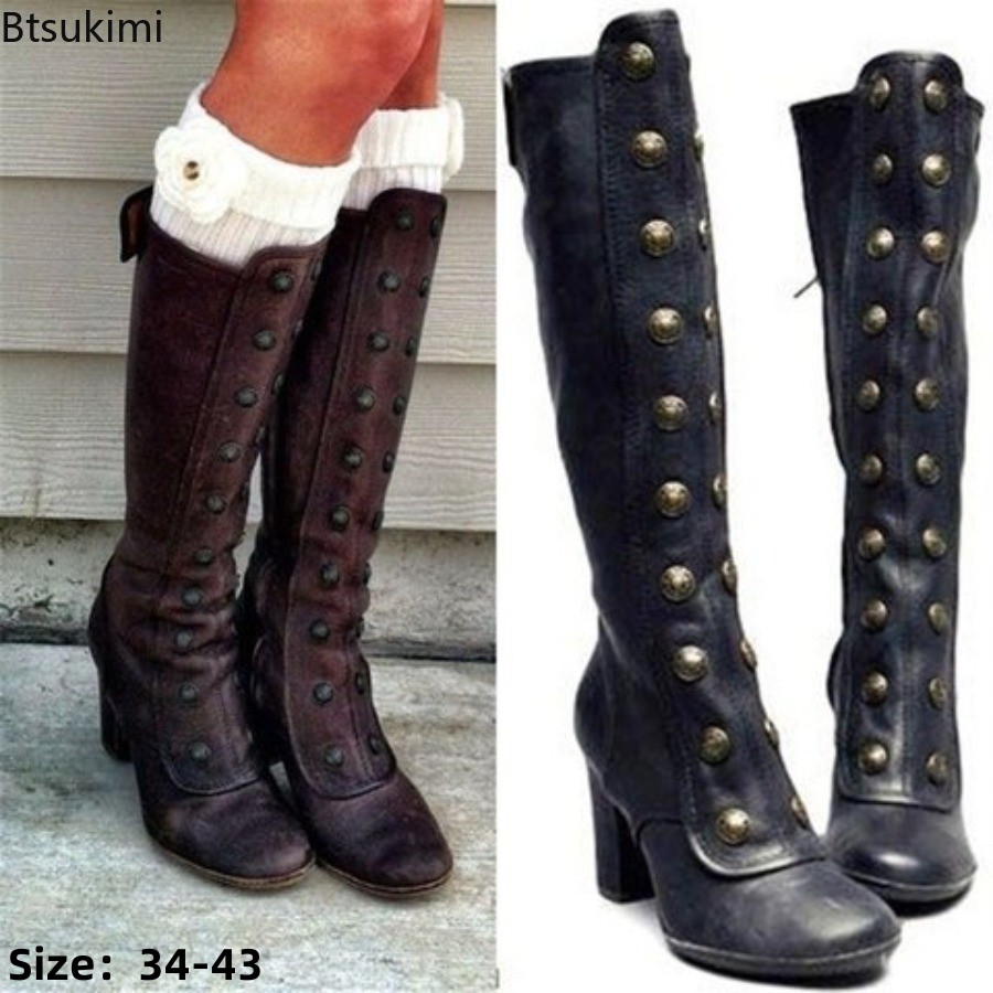 레트로 블랙 패션 리벳 장식 부츠 청키 힐 니하이 슬립 - Women'S Fashion Knee High Boots 리뷰 및 가격